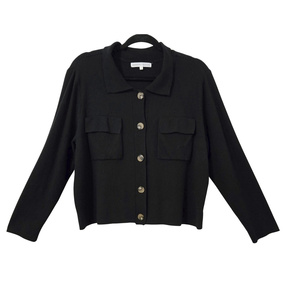 Madison + Hudson Classic Chic Black Knit Button Front Cardigan Collared Women XL